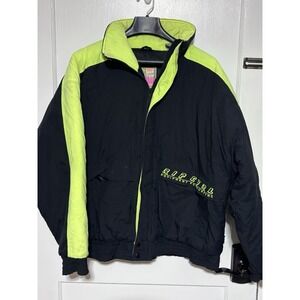VTG Rip Curl Puffer Zip Jacket Sz L Black Neon Green 80s Drop Shoulder Surf OG